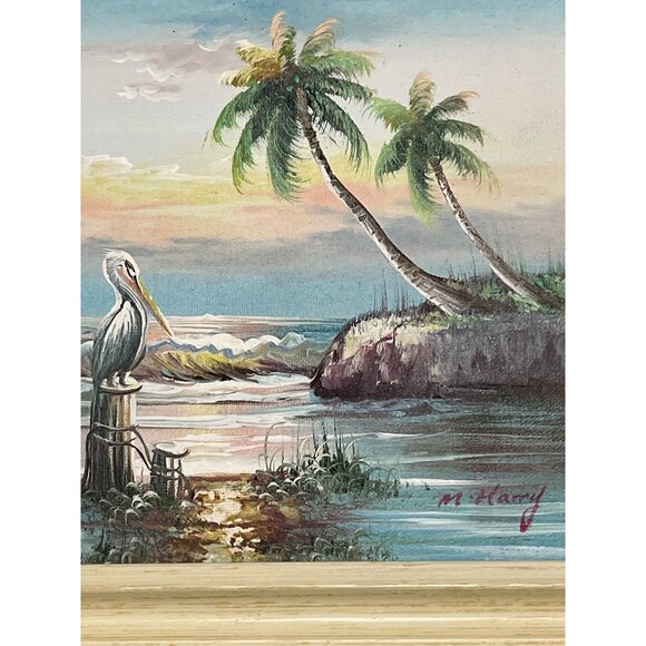 Vintage M. Harry Tropical Pelican Seascape Painting – Framed Canvas Art – 13x10 - Picture 2 of 4